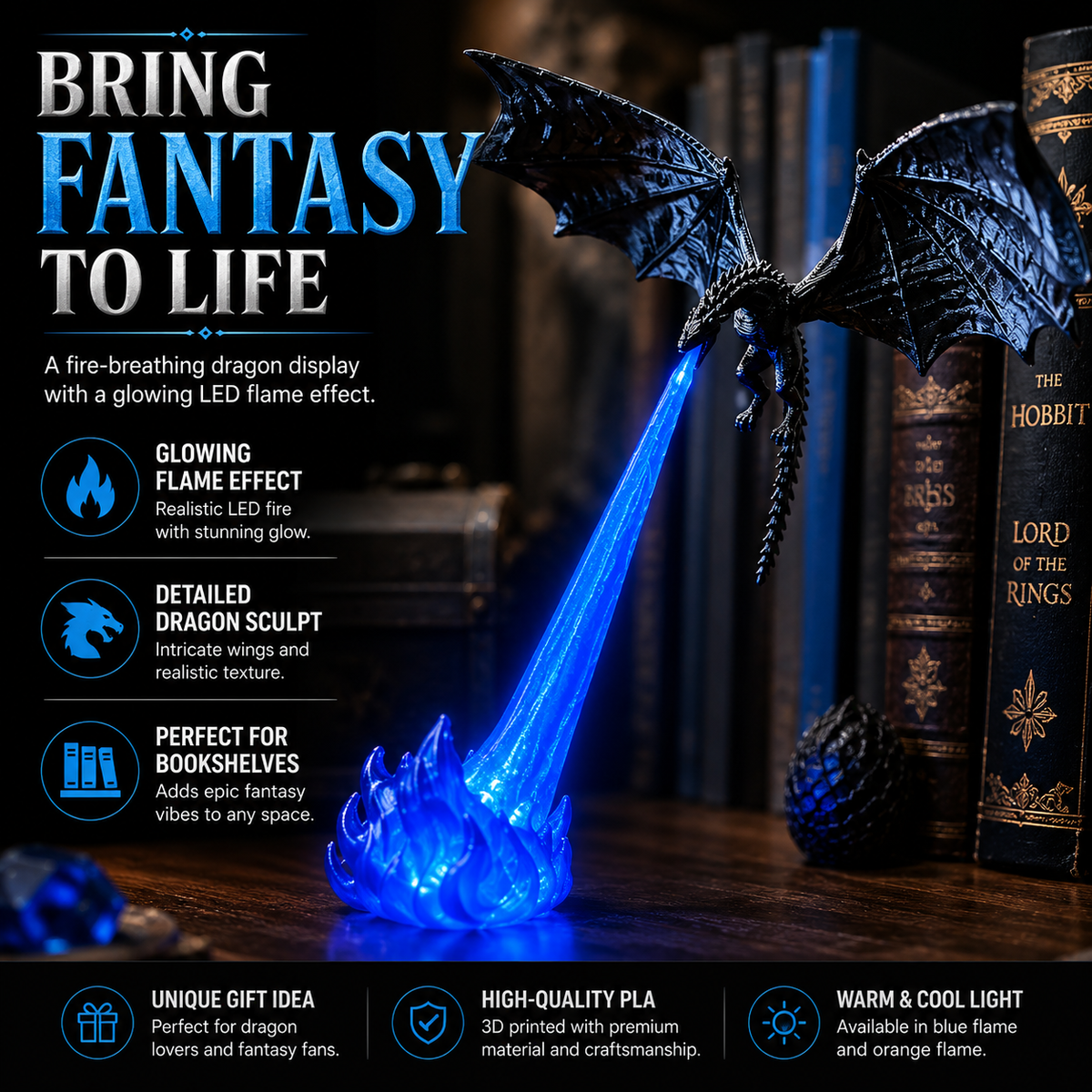 🐉 3D Dragon LED Book Nook Light 🔥 Magical Fantasy Shelf Decor
