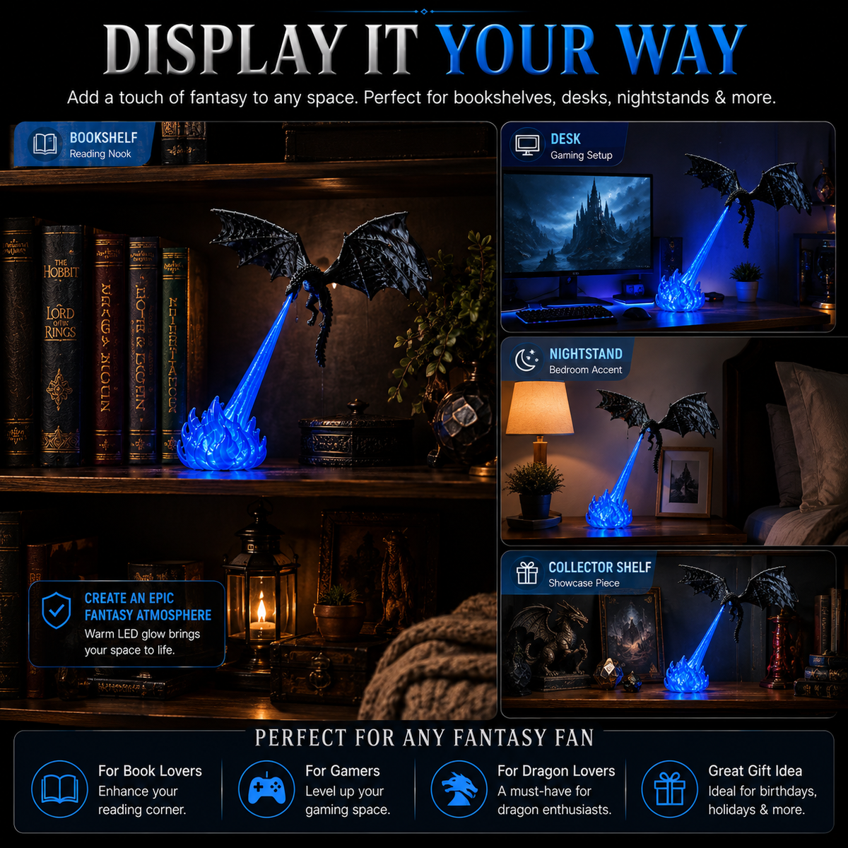 🐉 3D Dragon LED Book Nook Light 🔥 Magical Fantasy Shelf Decor