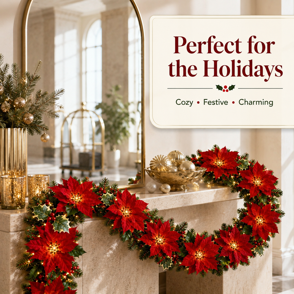 🎄 Poinsettia LED Garland Lights ✨ Magical Christmas Decor